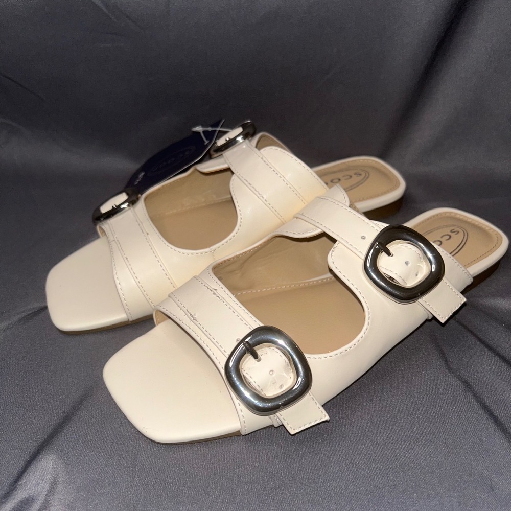 Scoop Slide On Flat Sandal Square Toe Double Buckle Cream Bone Size 6.5 - Picture 2 of 6